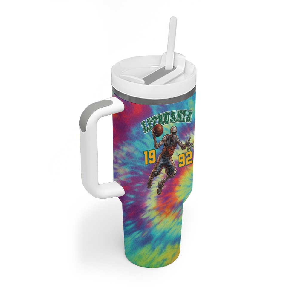 Custom Lithuania Basketball Skeleton 1992 Tumbler With Handle Tie Dye Pattern - Wonder Print Shop