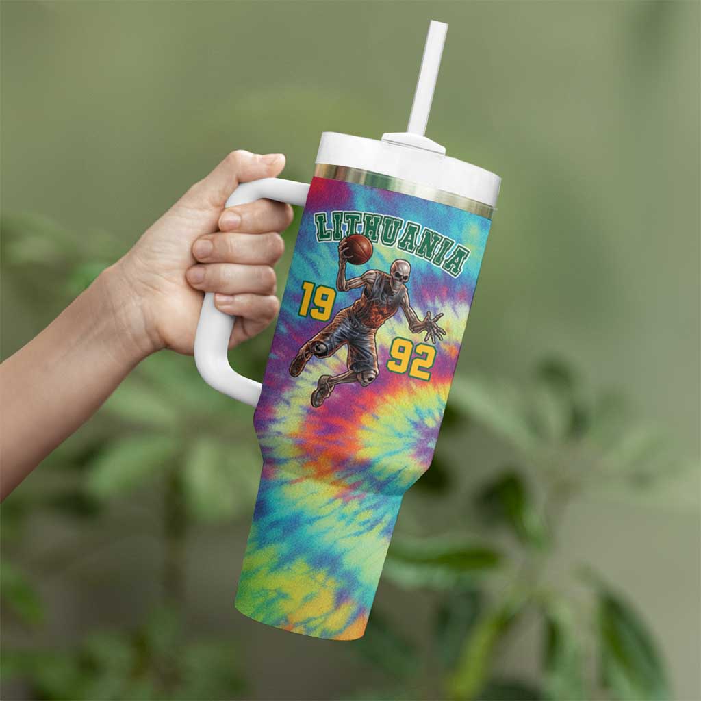 Custom Lithuania Basketball Skeleton 1992 Tumbler With Handle Tie Dye Pattern - Wonder Print Shop