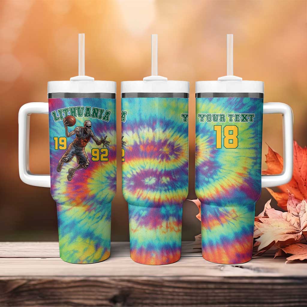 Custom Lithuania Basketball Skeleton 1992 Tumbler With Handle Tie Dye Pattern - Wonder Print Shop