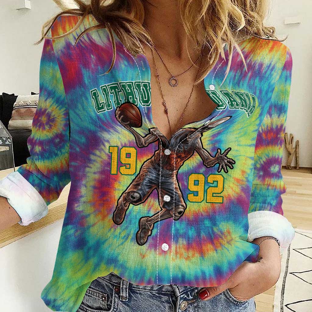 Custom Lithuania Basketball Skeleton 1992 Women Casual Shirt Tie Dye Pattern - Wonder Print Shop