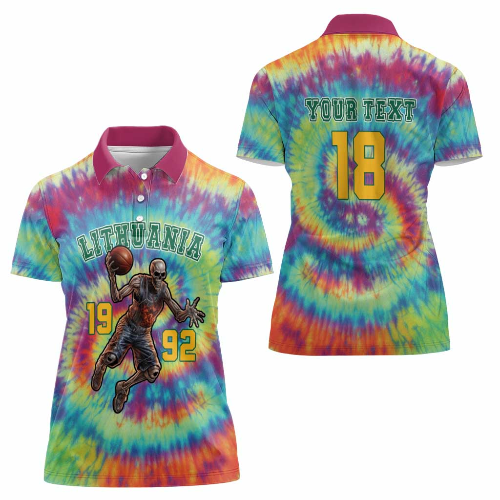 Custom Lithuania Basketball Skeleton 1992 Women Polo Shirt Tie Dye Pattern - Wonder Print Shop