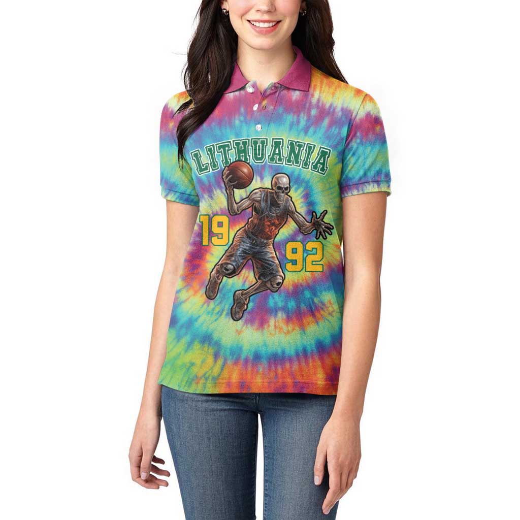 Custom Lithuania Basketball Skeleton 1992 Women Polo Shirt Tie Dye Pattern - Wonder Print Shop