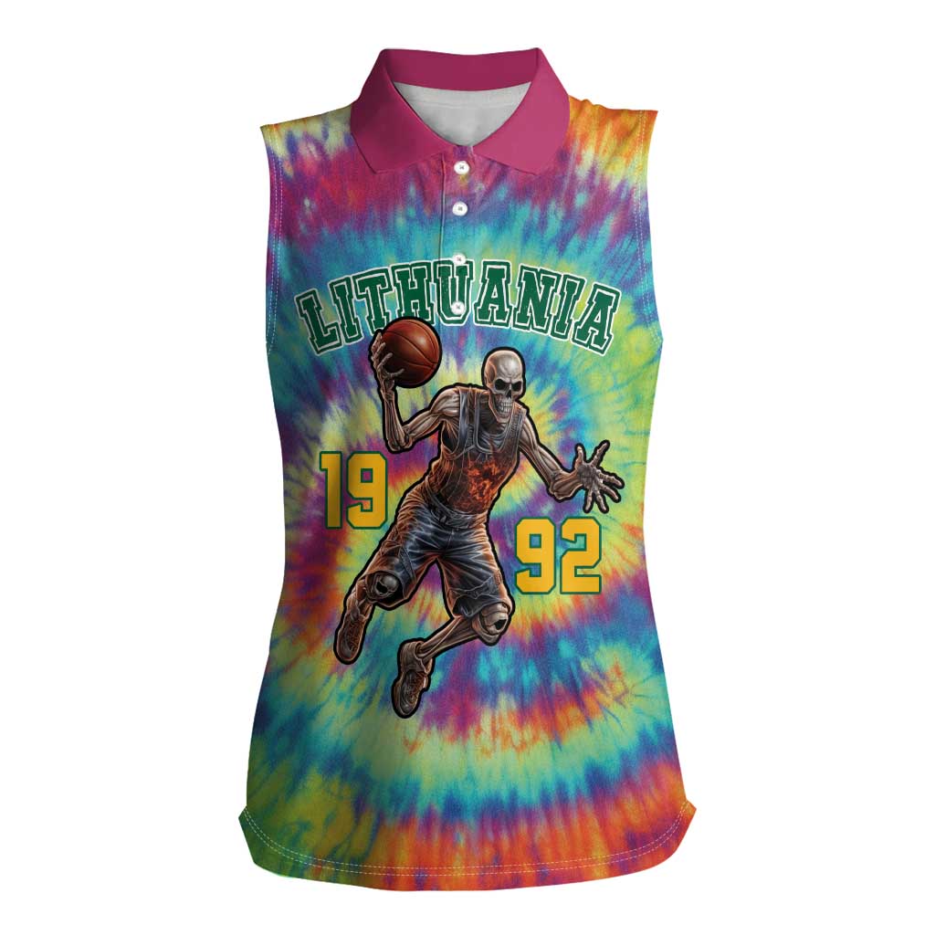 Custom Lithuania Basketball Skeleton 1992 Women Sleeveless Polo Shirt Tie Dye Pattern - Wonder Print Shop