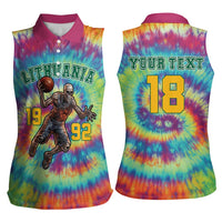 Custom Lithuania Basketball Skeleton 1992 Women Sleeveless Polo Shirt Tie Dye Pattern - Wonder Print Shop