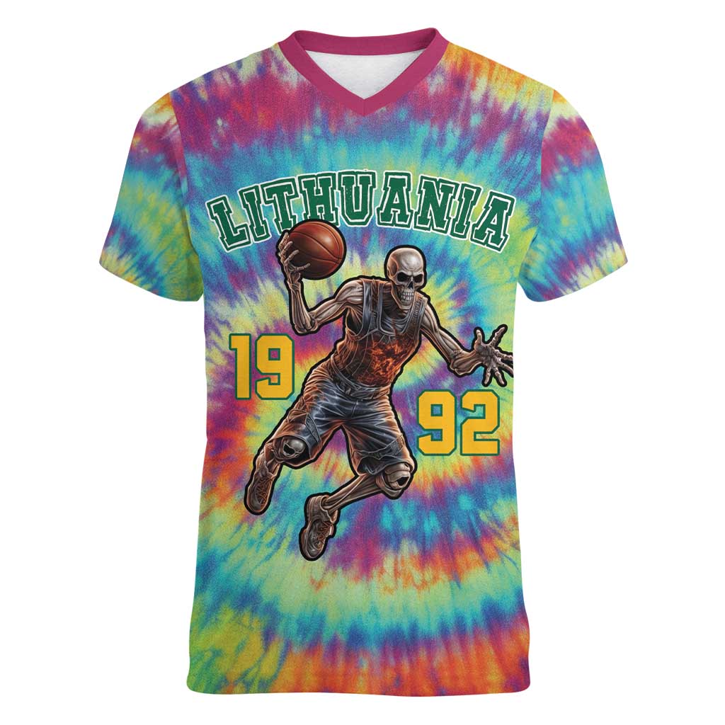 Custom Lithuania Basketball Skeleton 1992 Women V-Neck T-Shirt Tie Dye Pattern - Wonder Print Shop