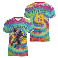 Custom Lithuania Basketball Skeleton 1992 Women V-Neck T-Shirt Tie Dye Pattern - Wonder Print Shop