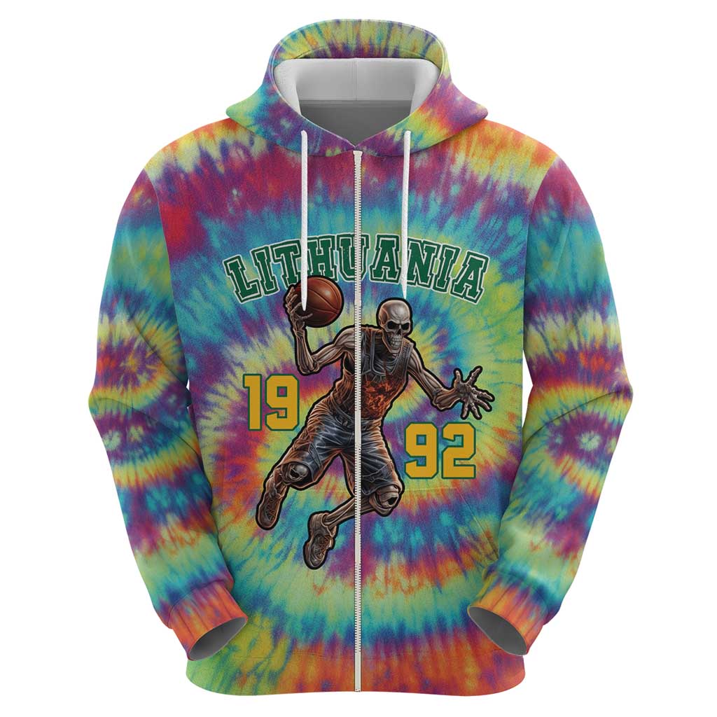 Custom Lithuania Basketball Skeleton 1992 Zip Hoodie Tie Dye Pattern - Wonder Print Shop