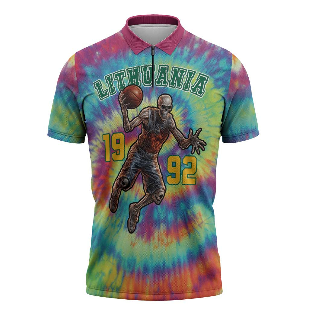 Custom Lithuania Basketball Skeleton 1992 Zipper Polo Shirt Tie Dye Pattern - Wonder Print Shop