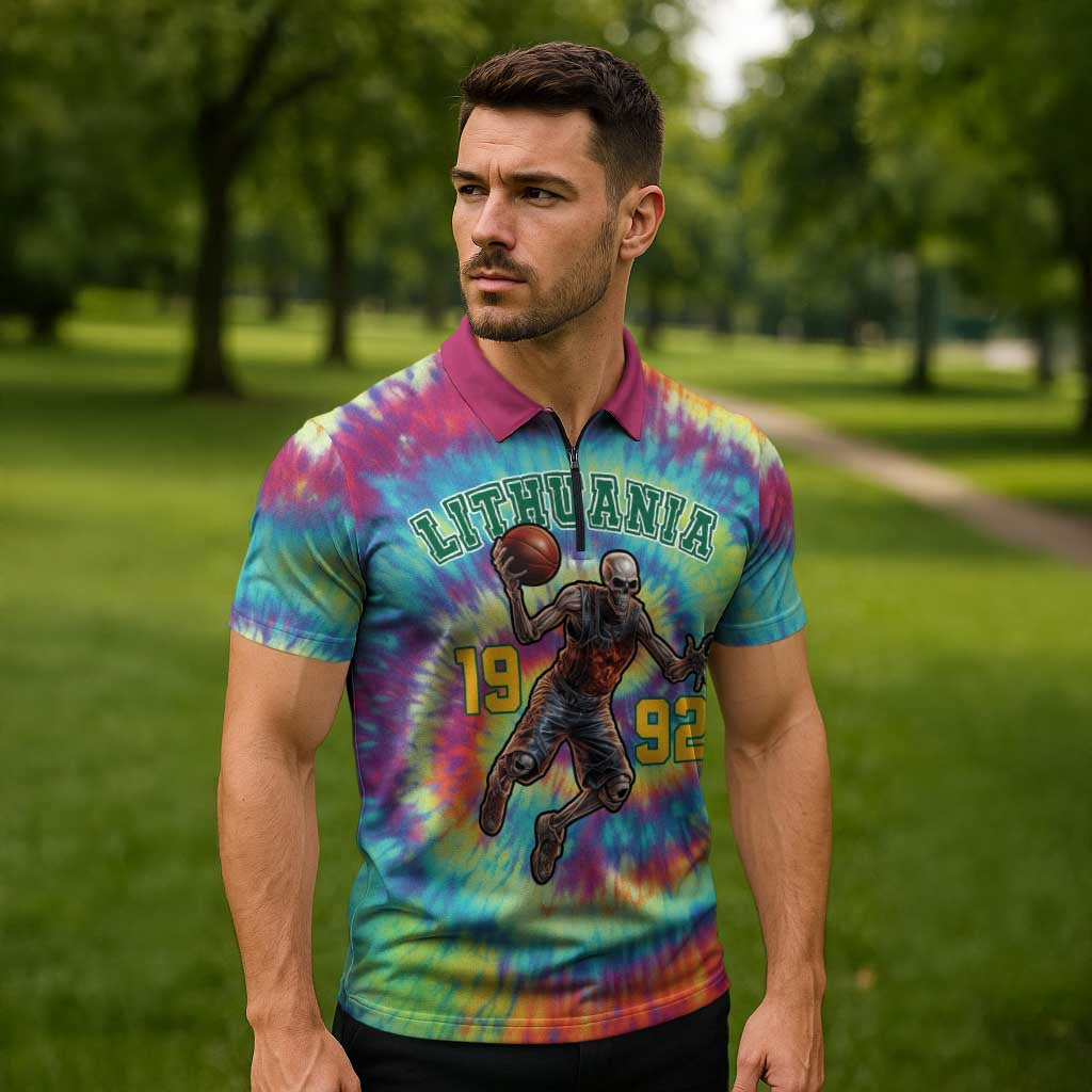 Custom Lithuania Basketball Skeleton 1992 Zipper Polo Shirt Tie Dye Pattern - Wonder Print Shop