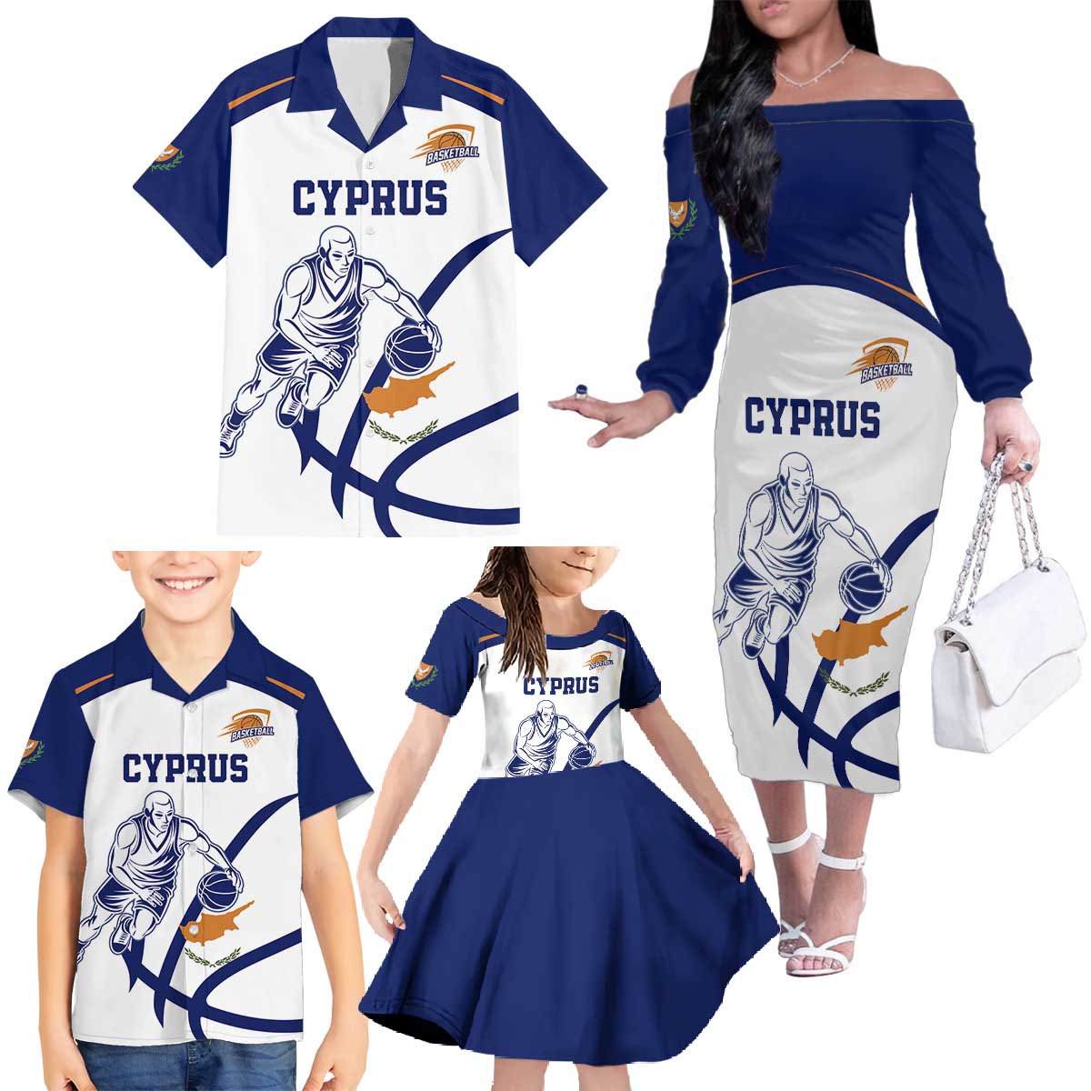 Cyprus Basketball Custom Family Matching Off The Shoulder Long Sleeve Dress and Hawaiian Shirt Go Champion - Wonder Print Shop