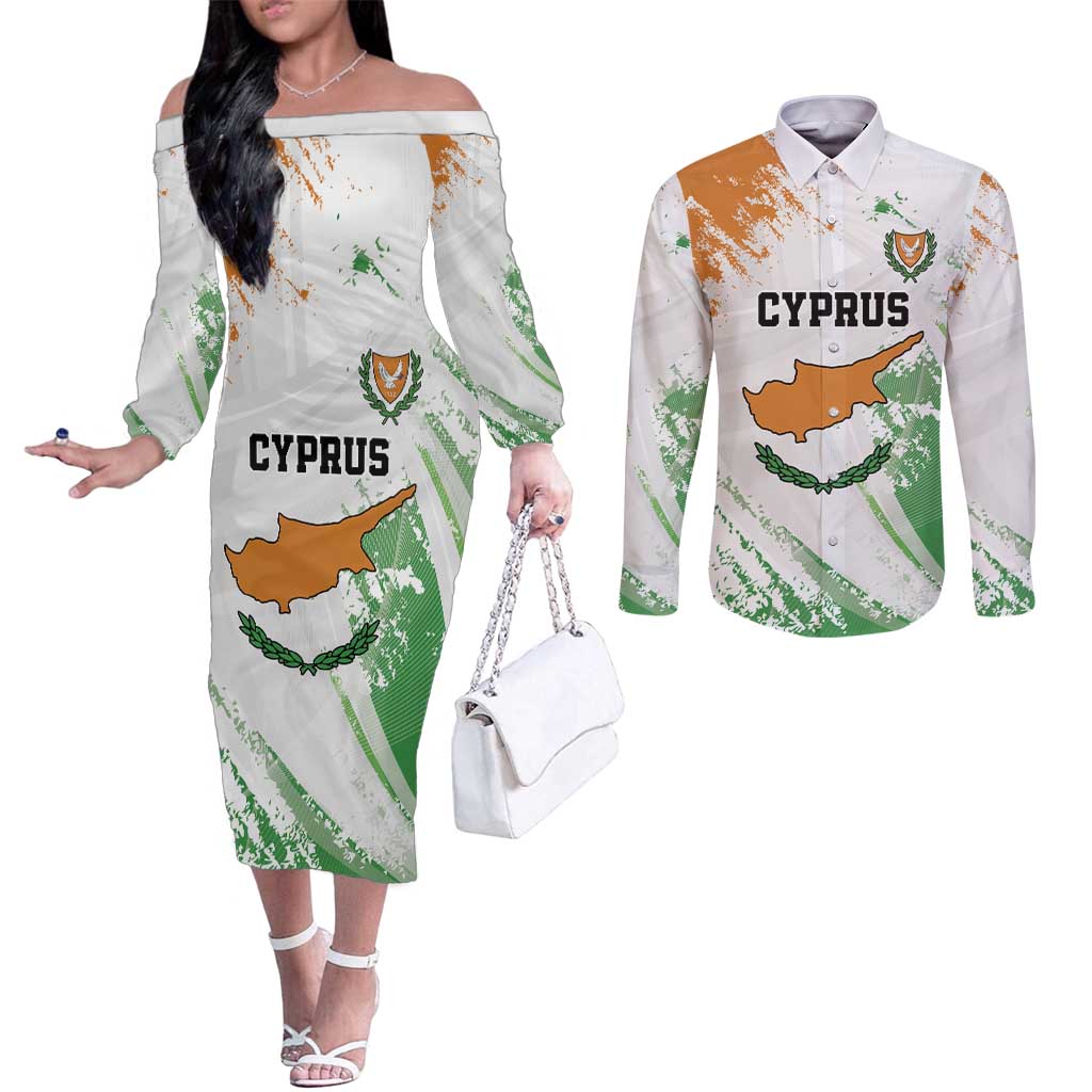 Custom Cyprus Couples Matching Off The Shoulder Long Sleeve Dress and Long Sleeve Button Shirt Sporty Style - Wonder Print Shop