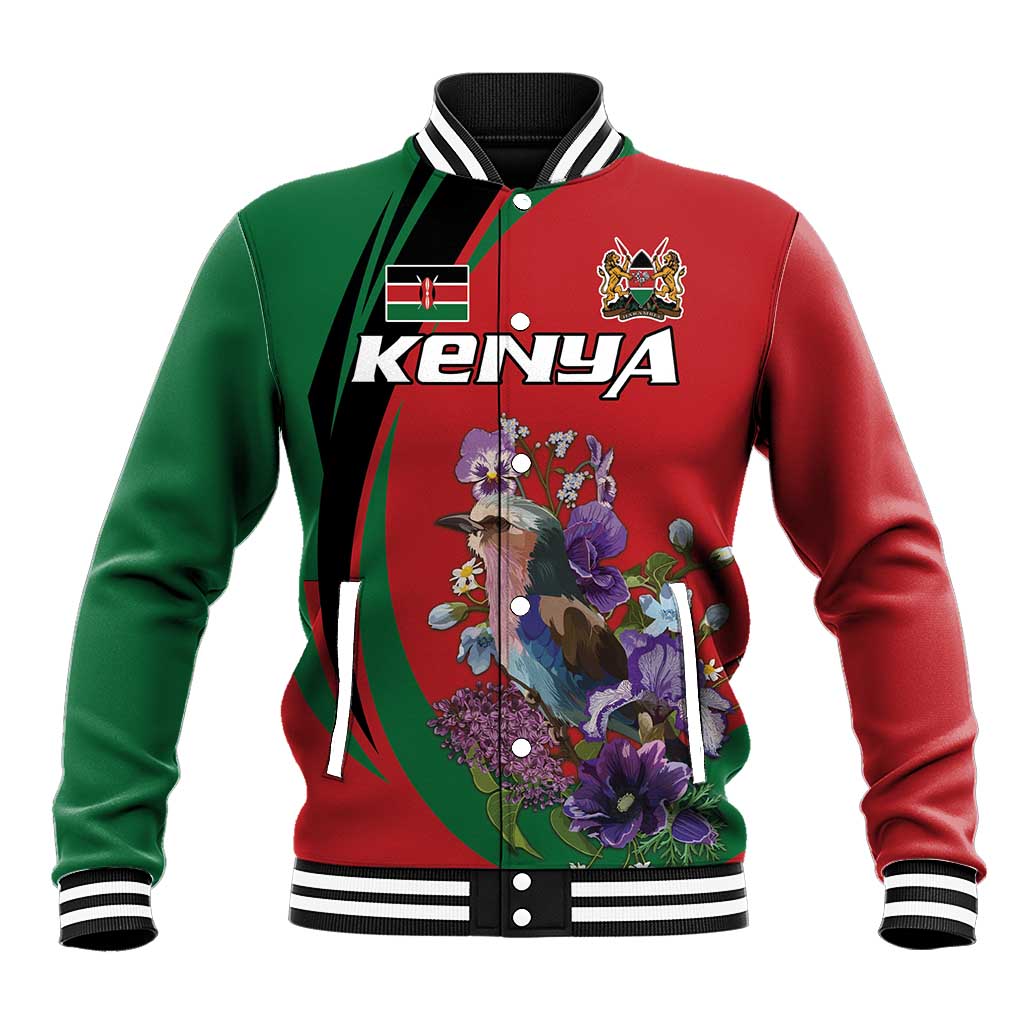 Personalized Kenya Lilac Breasted Roller Baseball Jacket With Violet Flowers - Wonder Print Shop