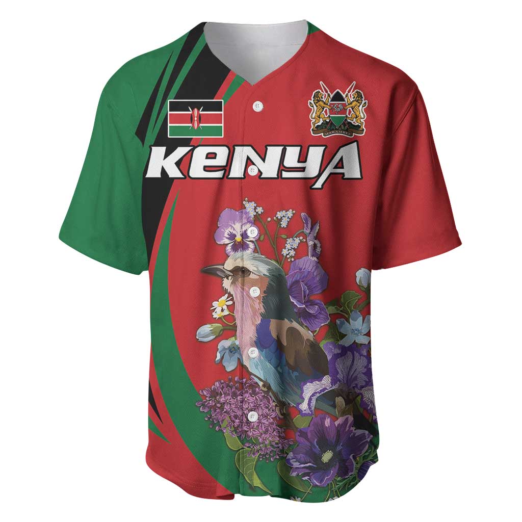 Personalized Kenya Lilac Breasted Roller Baseball Jersey With Violet Flowers - Wonder Print Shop