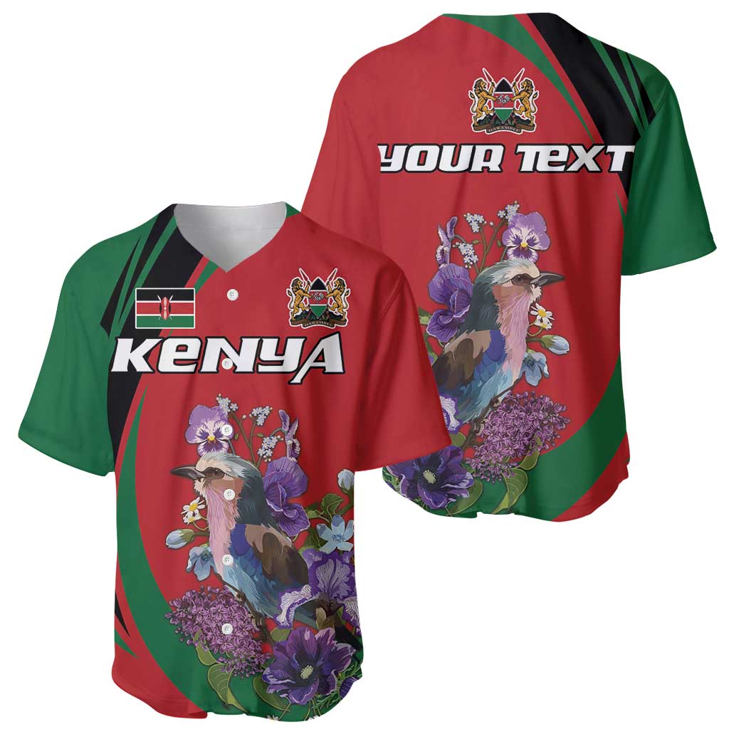 Personalized Kenya Lilac Breasted Roller Baseball Jersey With Violet Flowers - Wonder Print Shop
