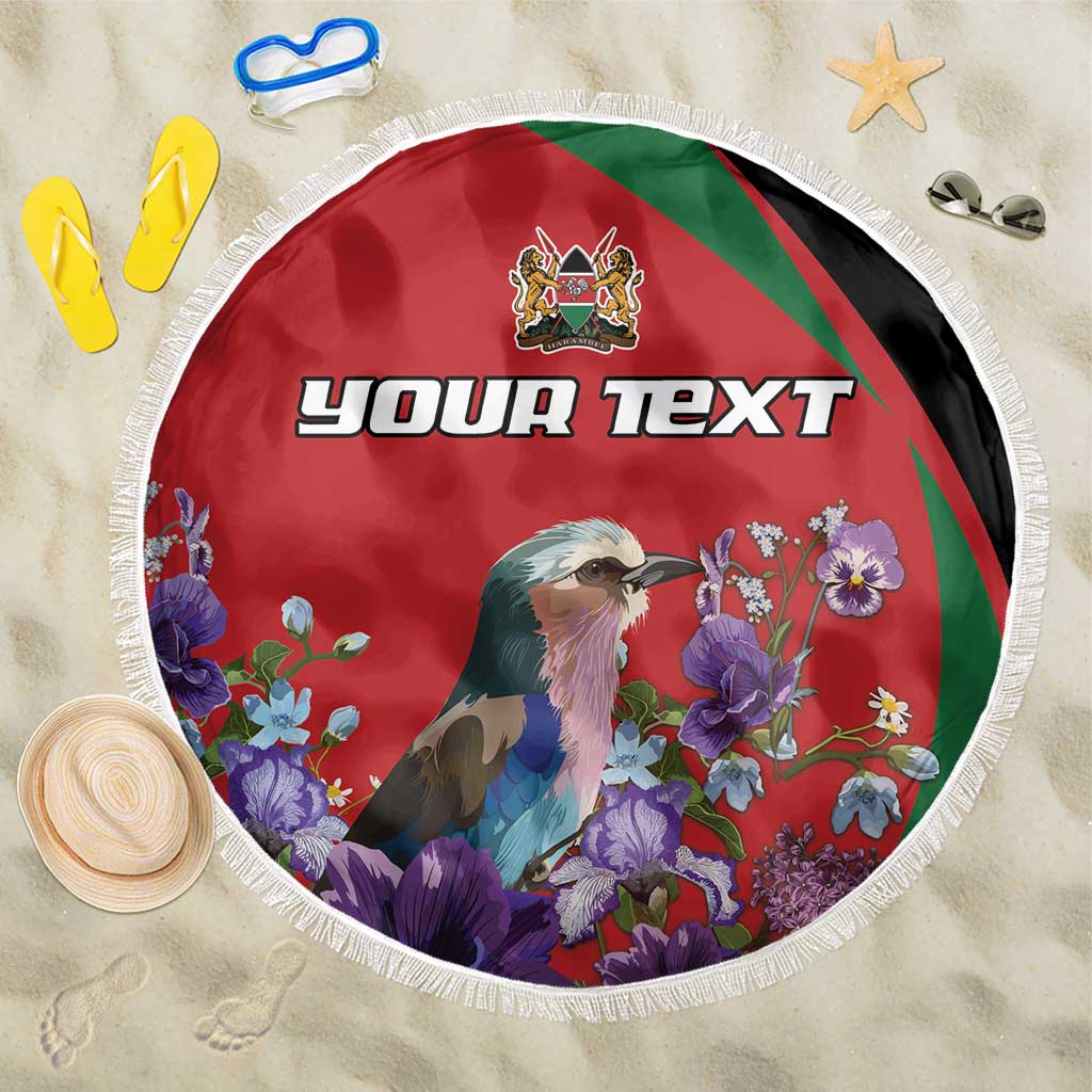 Personalized Kenya Lilac Breasted Roller Beach Blanket With Violet Flowers - Wonder Print Shop