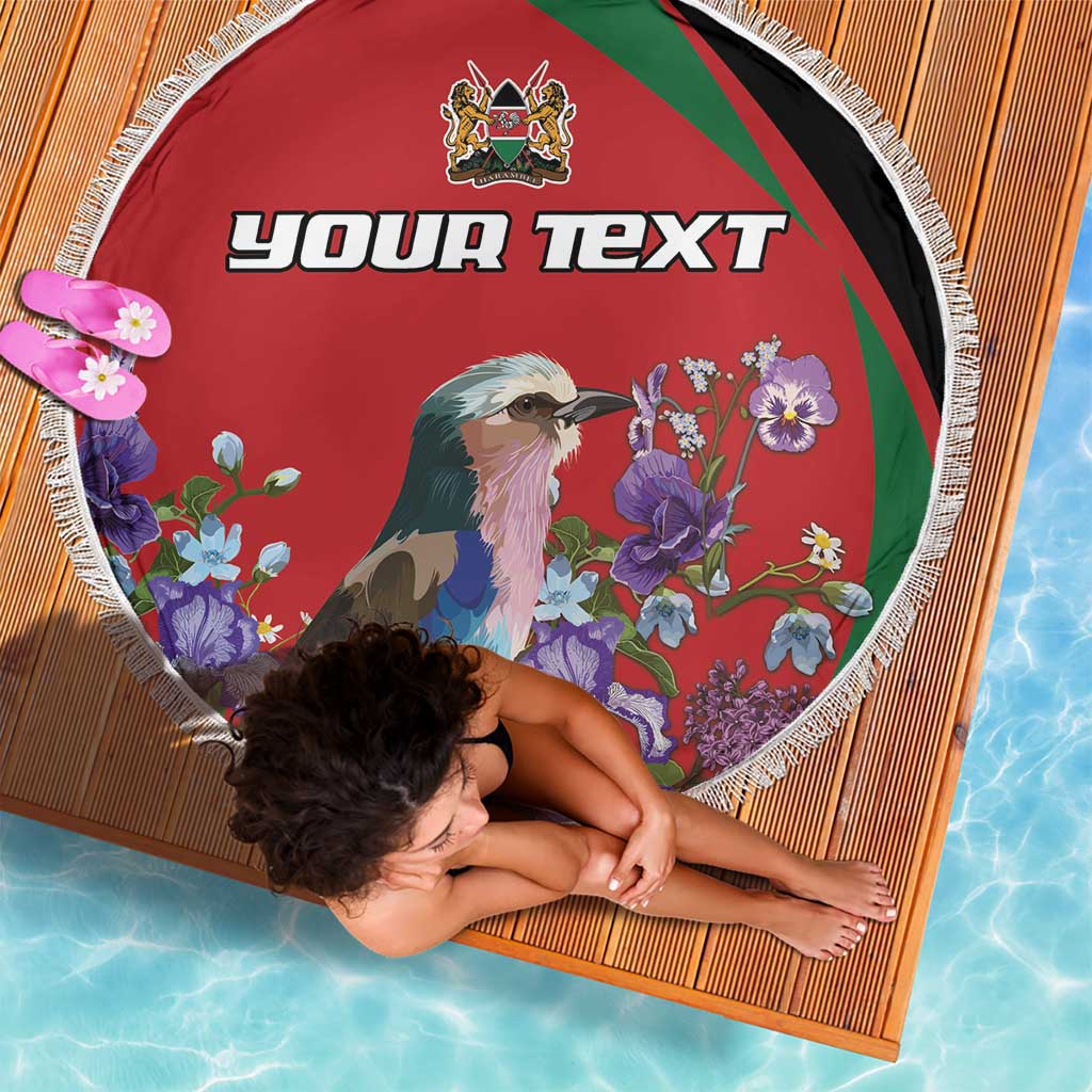 Personalized Kenya Lilac Breasted Roller Beach Blanket With Violet Flowers - Wonder Print Shop