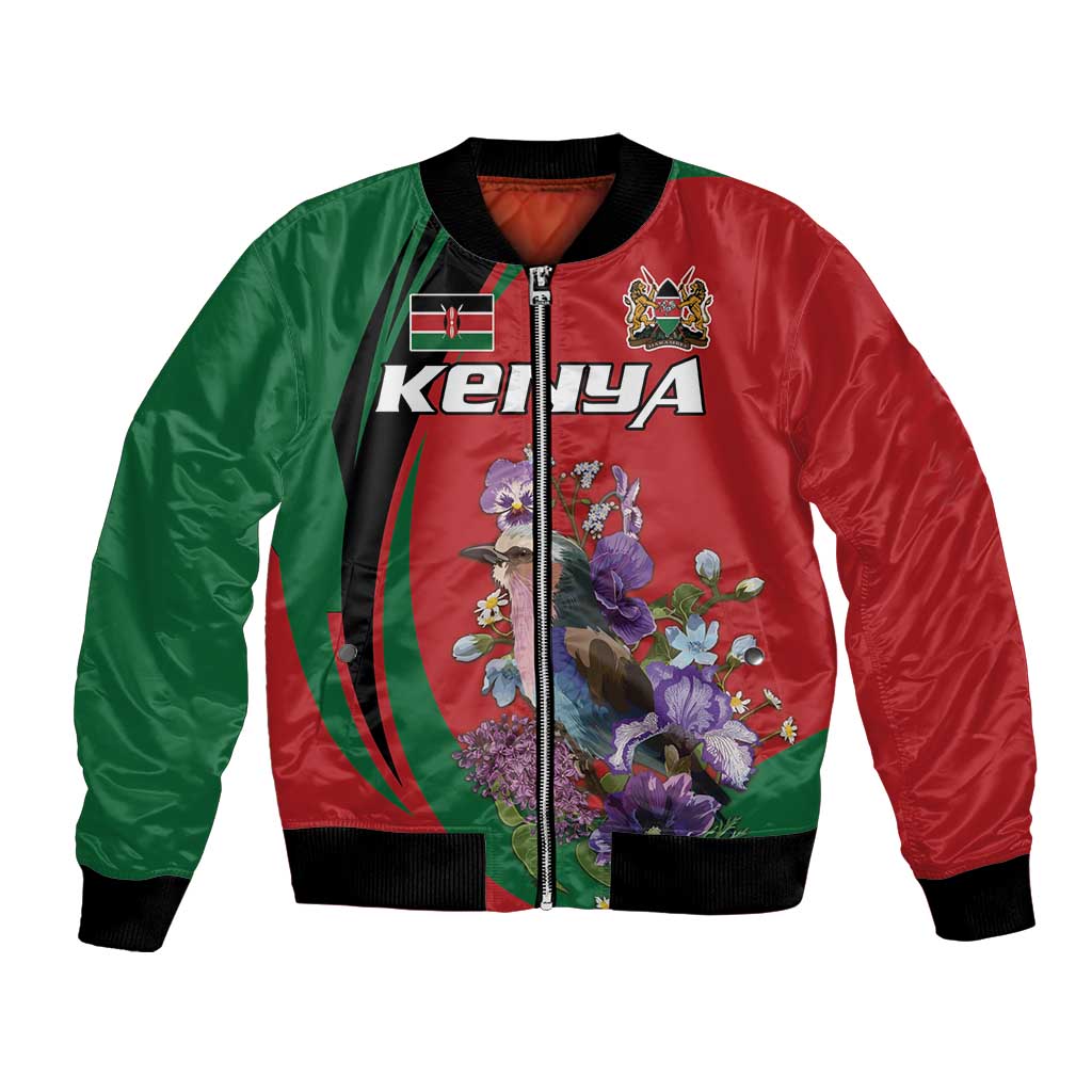 Personalized Kenya Lilac Breasted Roller Bomber Jacket With Violet Flowers - Wonder Print Shop