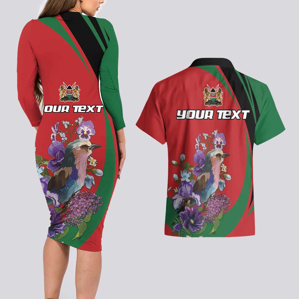 Personalized Kenya Lilac Breasted Roller Couples Matching Long Sleeve Bodycon Dress and Hawaiian Shirt With Violet Flowers - Wonder Print Shop