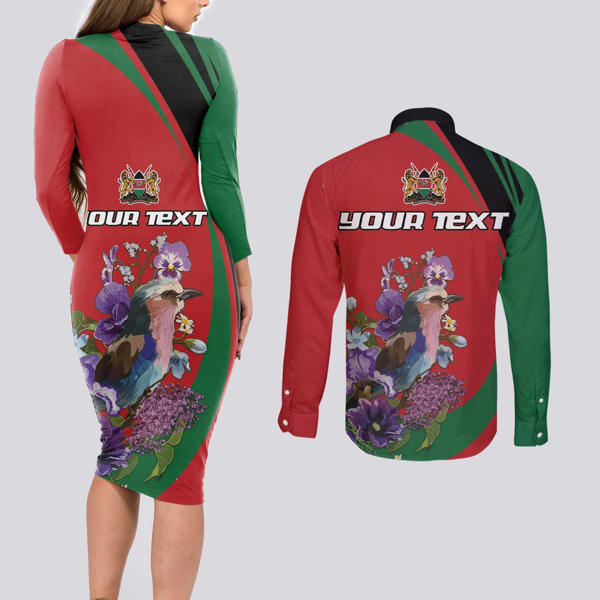 Personalized Kenya Lilac Breasted Roller Couples Matching Long Sleeve Bodycon Dress and Long Sleeve Button Shirt With Violet Flowers - Wonder Print Shop