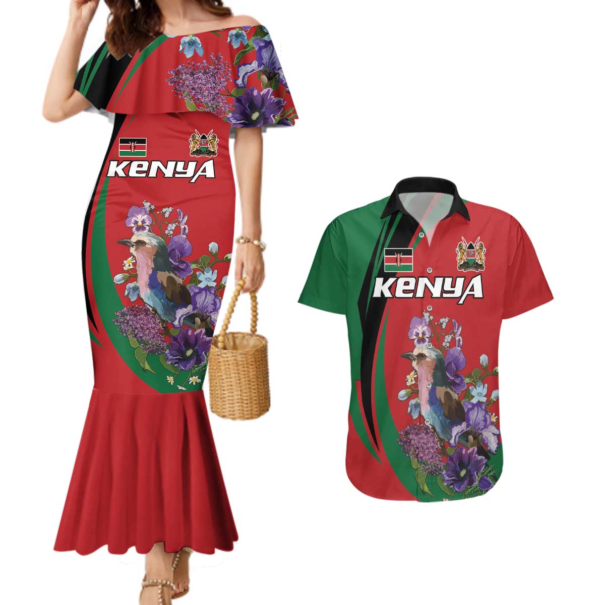 Personalized Kenya Lilac Breasted Roller Couples Matching Mermaid Dress and Hawaiian Shirt With Violet Flowers - Wonder Print Shop