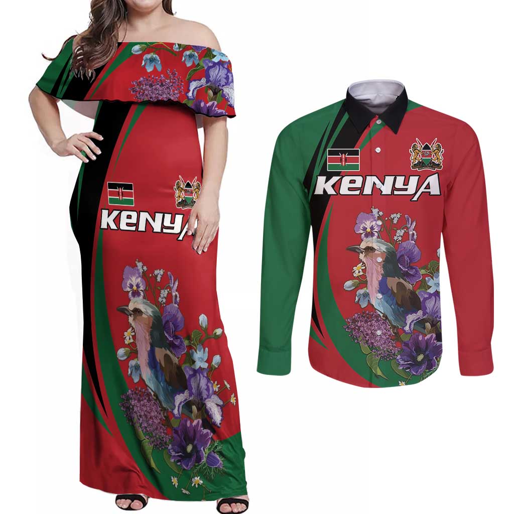 Personalized Kenya Lilac Breasted Roller Couples Matching Off Shoulder Maxi Dress and Long Sleeve Button Shirt With Violet Flowers - Wonder Print Shop