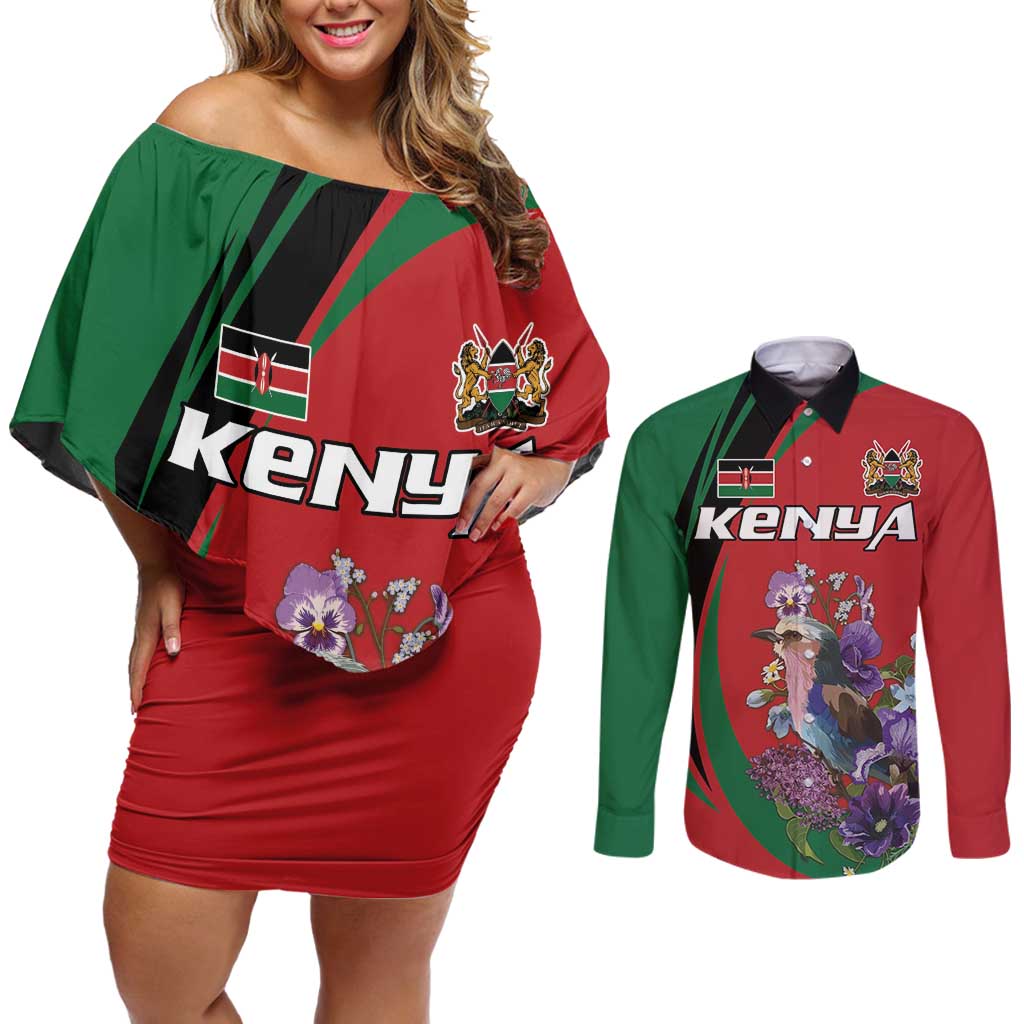 Personalized Kenya Lilac Breasted Roller Couples Matching Off Shoulder Short Dress and Long Sleeve Button Shirt With Violet Flowers - Wonder Print Shop