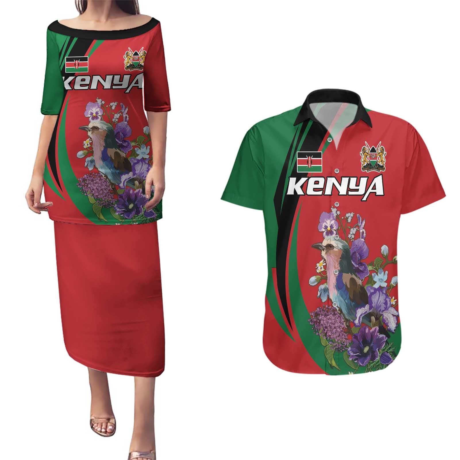 Personalized Kenya Lilac Breasted Roller Couples Matching Puletasi and Hawaiian Shirt With Violet Flowers - Wonder Print Shop