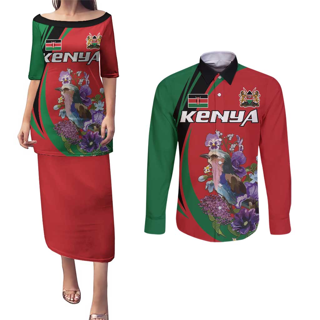 Personalized Kenya Lilac Breasted Roller Couples Matching Puletasi and Long Sleeve Button Shirt With Violet Flowers - Wonder Print Shop