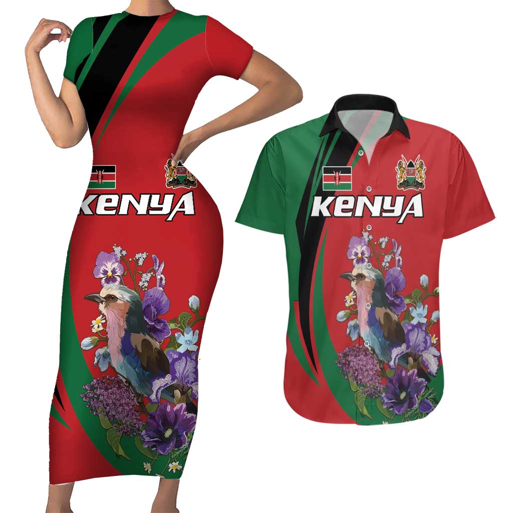 Personalized Kenya Lilac Breasted Roller Couples Matching Short Sleeve Bodycon Dress and Hawaiian Shirt With Violet Flowers - Wonder Print Shop