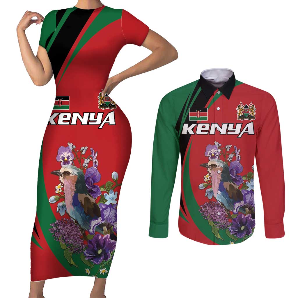 Personalized Kenya Lilac Breasted Roller Couples Matching Short Sleeve Bodycon Dress and Long Sleeve Button Shirt With Violet Flowers - Wonder Print Shop