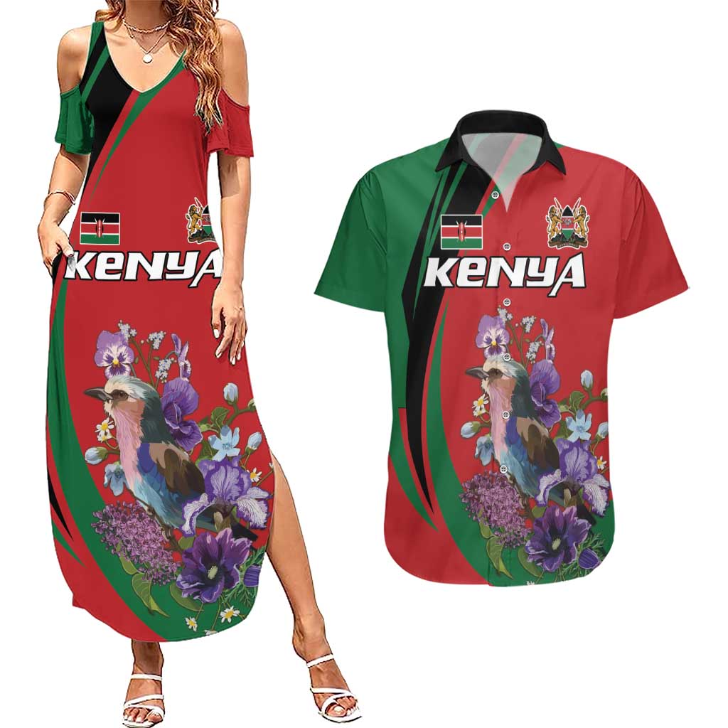 Personalized Kenya Lilac Breasted Roller Couples Matching Summer Maxi Dress and Hawaiian Shirt With Violet Flowers - Wonder Print Shop