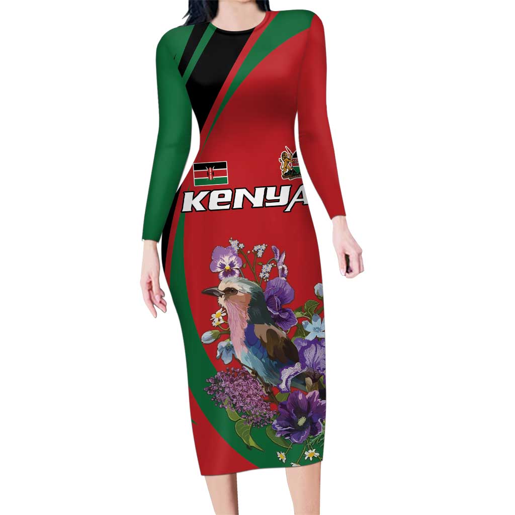 Personalized Kenya Lilac Breasted Roller Family Matching Long Sleeve Bodycon Dress and Hawaiian Shirt With Violet Flowers - Wonder Print Shop