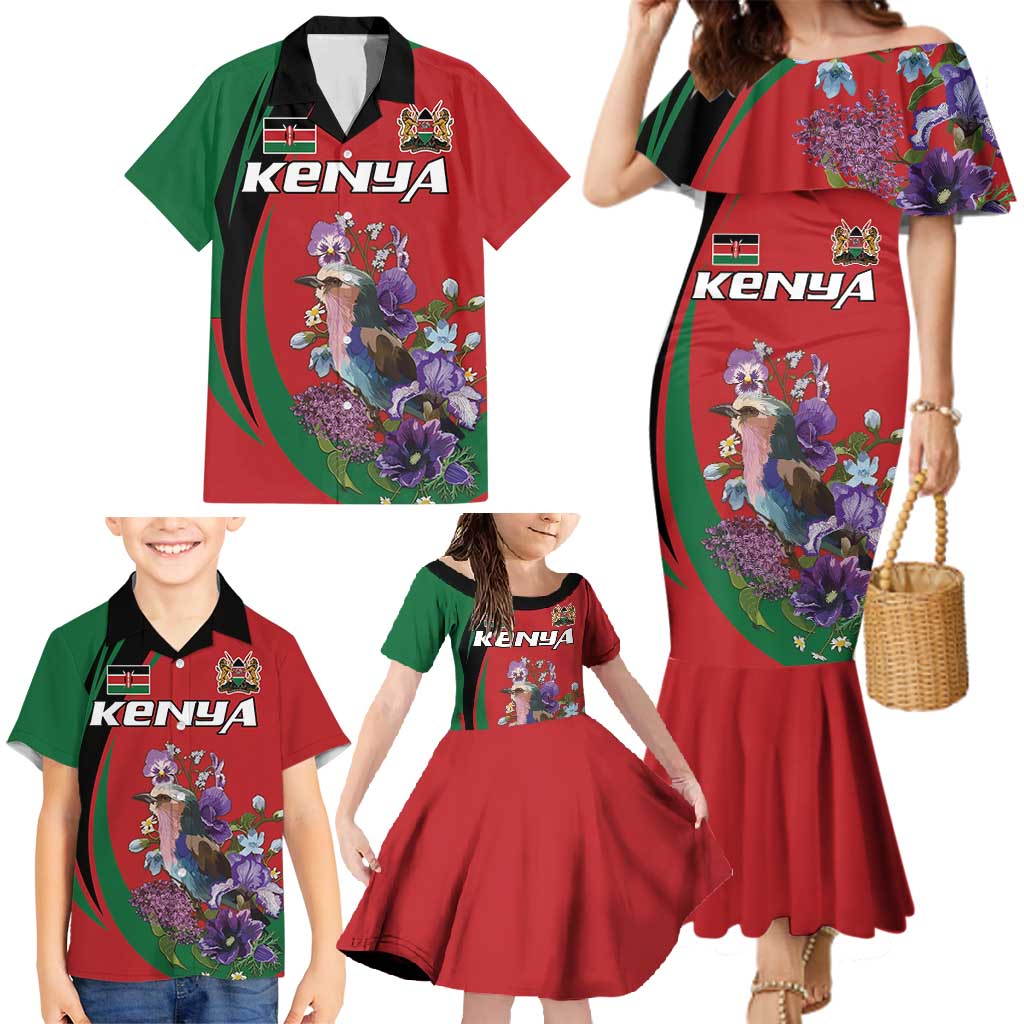 Personalized Kenya Lilac Breasted Roller Family Matching Mermaid Dress and Hawaiian Shirt With Violet Flowers - Wonder Print Shop