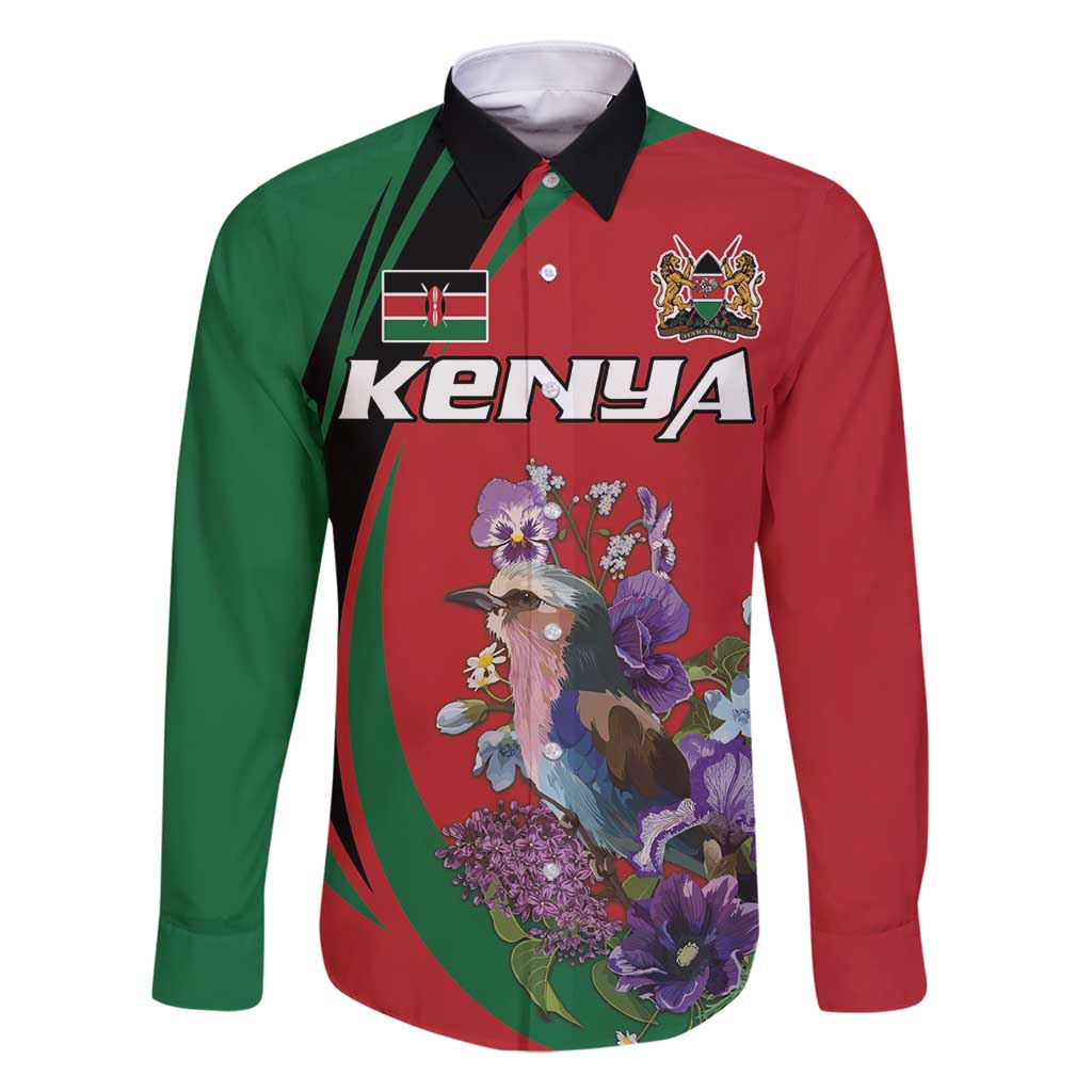 Personalized Kenya Lilac Breasted Roller Family Matching Mermaid Dress and Hawaiian Shirt With Violet Flowers - Wonder Print Shop