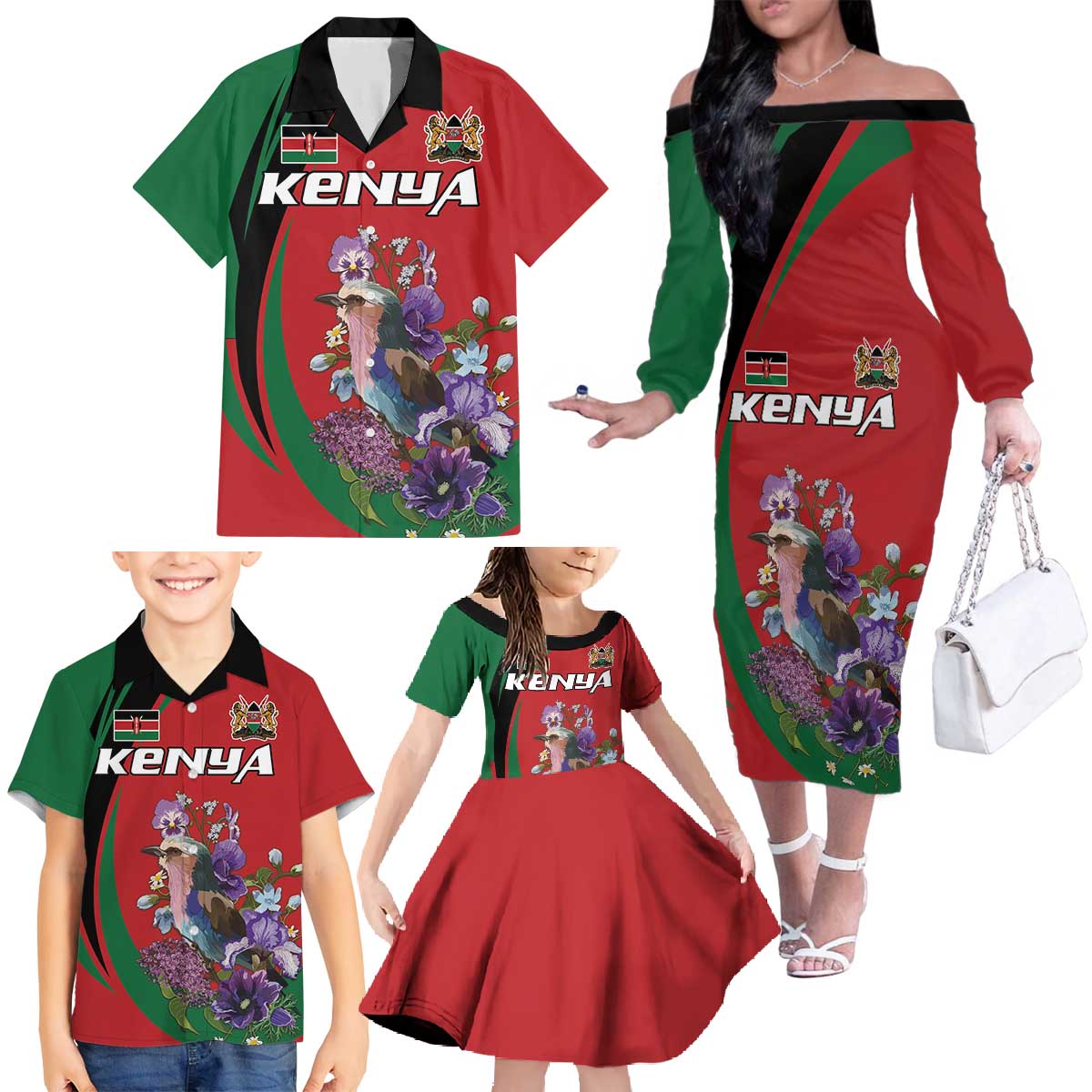 Personalized Kenya Lilac Breasted Roller Family Matching Off The Shoulder Long Sleeve Dress and Hawaiian Shirt With Violet Flowers - Wonder Print Shop