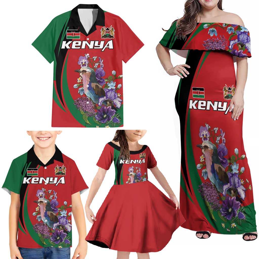 Personalized Kenya Lilac Breasted Roller Family Matching Off Shoulder Maxi Dress and Hawaiian Shirt With Violet Flowers - Wonder Print Shop