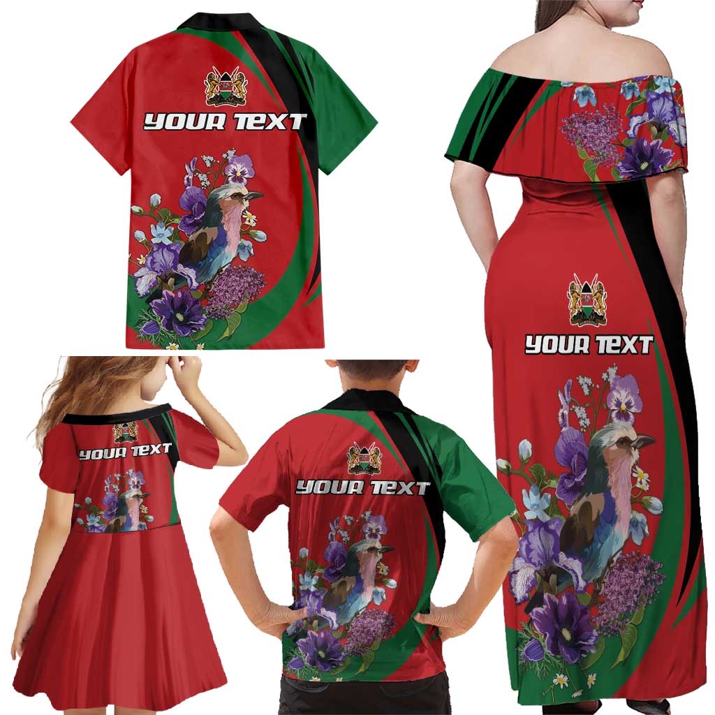 Personalized Kenya Lilac Breasted Roller Family Matching Off Shoulder Maxi Dress and Hawaiian Shirt With Violet Flowers - Wonder Print Shop