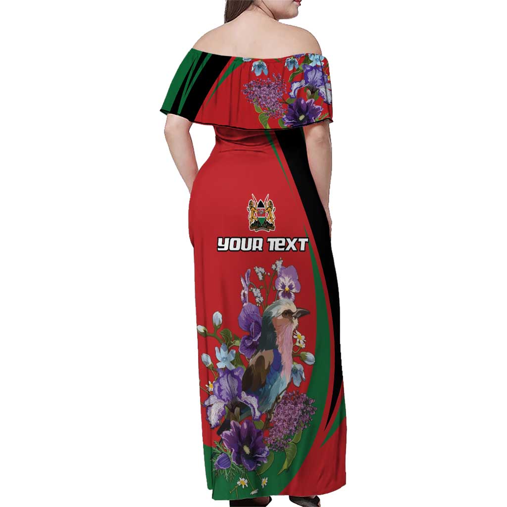 Personalized Kenya Lilac Breasted Roller Family Matching Off Shoulder Maxi Dress and Hawaiian Shirt With Violet Flowers - Wonder Print Shop