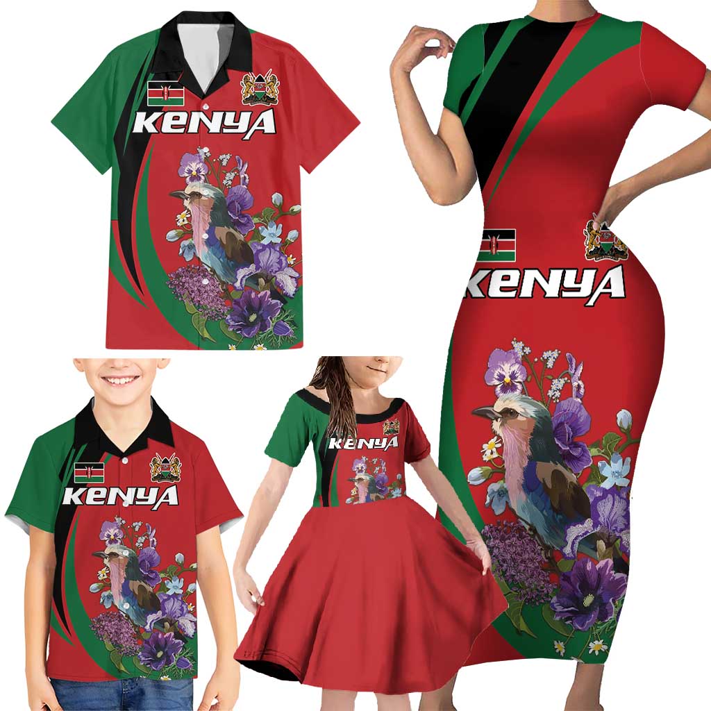 Personalized Kenya Lilac Breasted Roller Family Matching Short Sleeve Bodycon Dress and Hawaiian Shirt With Violet Flowers - Wonder Print Shop