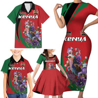 Personalized Kenya Lilac Breasted Roller Family Matching Short Sleeve Bodycon Dress and Hawaiian Shirt With Violet Flowers - Wonder Print Shop