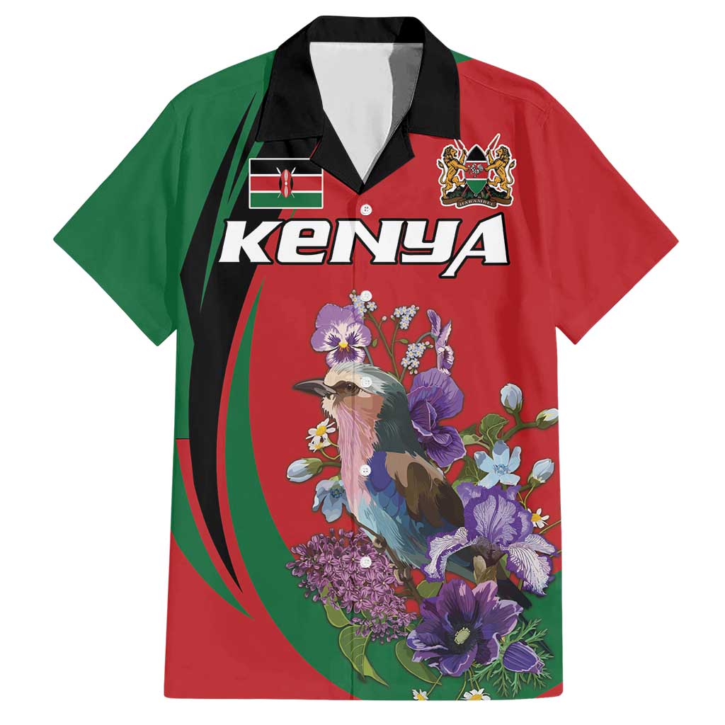 Personalized Kenya Lilac Breasted Roller Family Matching Short Sleeve Bodycon Dress and Hawaiian Shirt With Violet Flowers - Wonder Print Shop