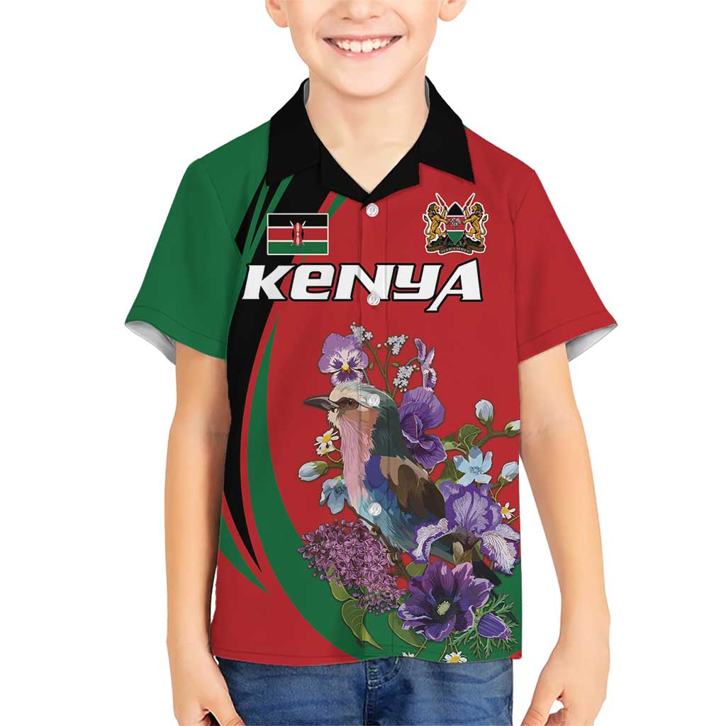 Personalized Kenya Lilac Breasted Roller Family Matching Short Sleeve Bodycon Dress and Hawaiian Shirt With Violet Flowers - Wonder Print Shop