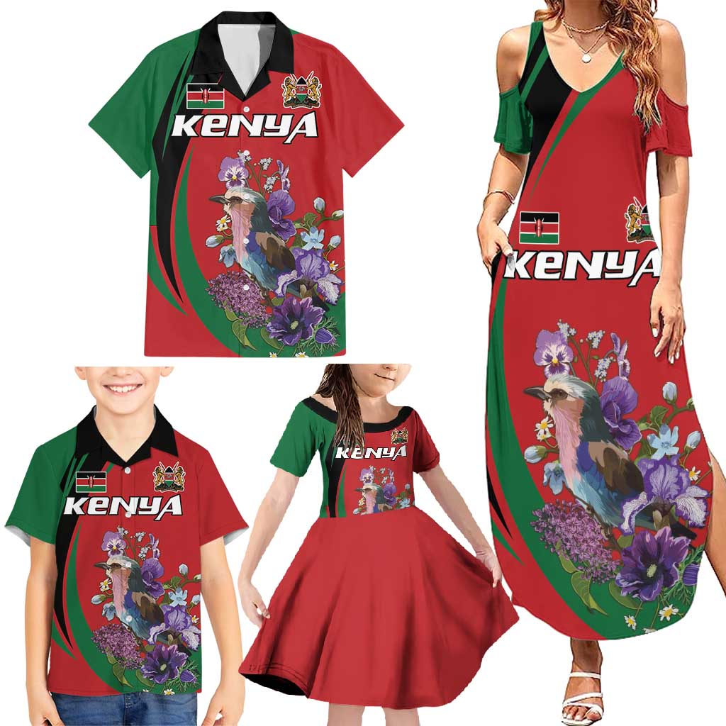 Personalized Kenya Lilac Breasted Roller Family Matching Summer Maxi Dress and Hawaiian Shirt With Violet Flowers - Wonder Print Shop