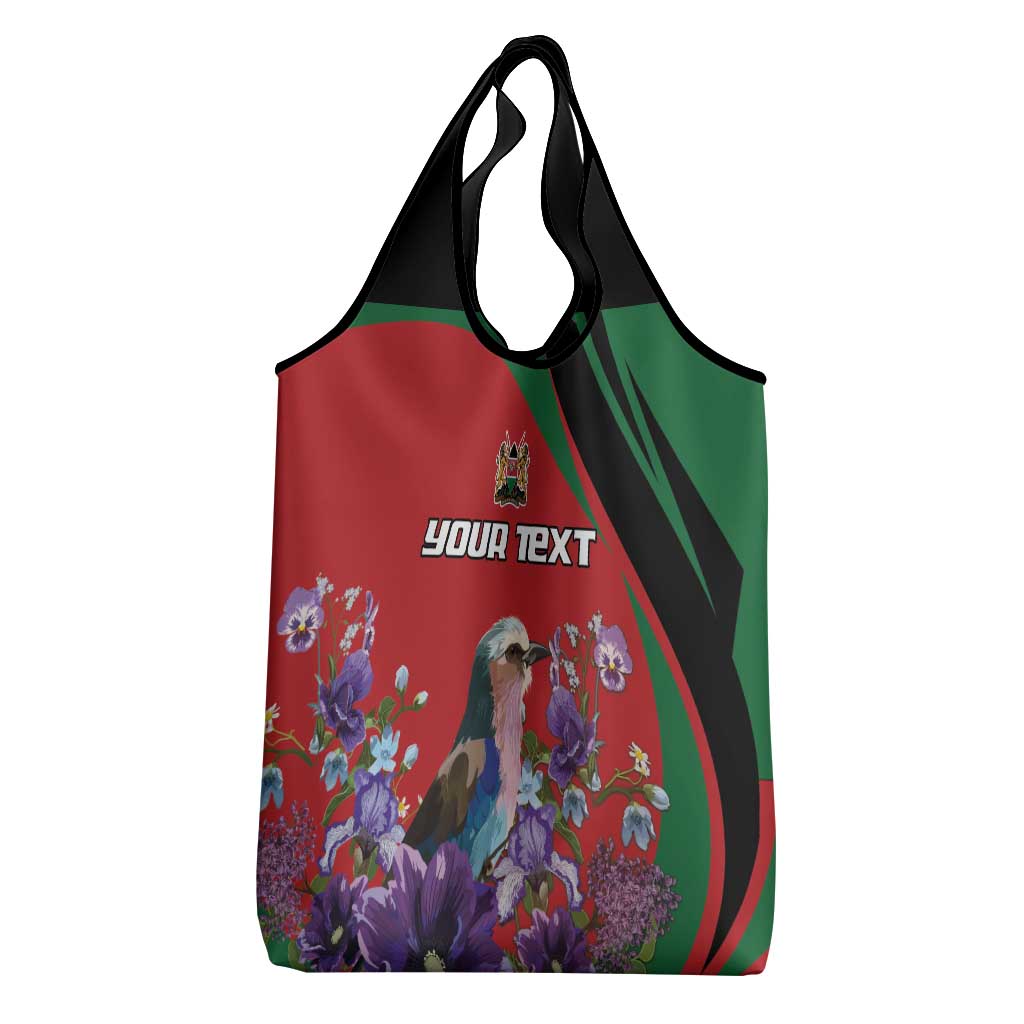 Personalized Kenya Lilac Breasted Roller Grocery Bag With Violet Flowers