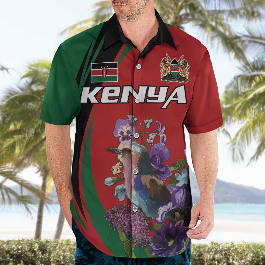 Personalized Kenya Lilac Breasted Roller Hawaiian Shirt With Violet Flowers - Wonder Print Shop