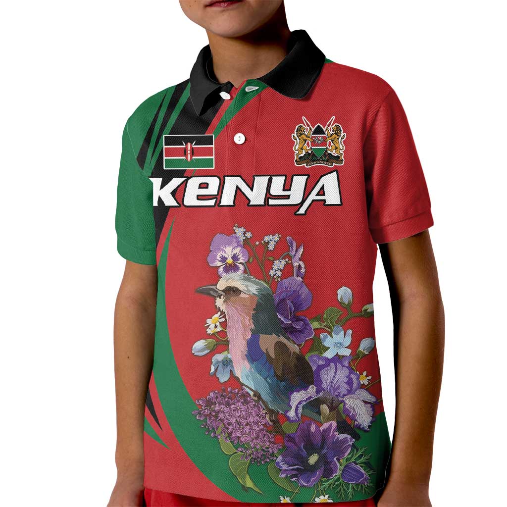 Personalized Kenya Lilac Breasted Roller Kid Polo Shirt With Violet Flowers - Wonder Print Shop