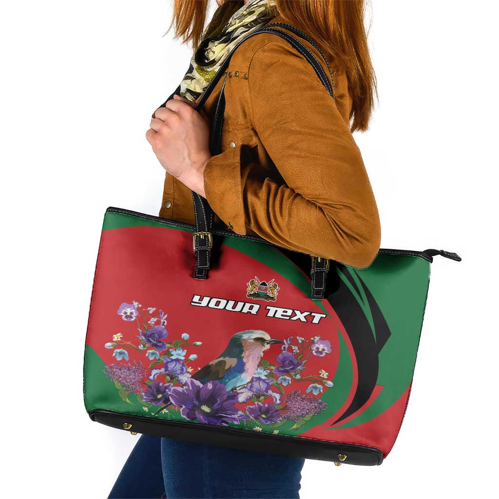 Personalized Kenya Lilac Breasted Roller Leather Tote Bag With Violet Flowers - Wonder Print Shop