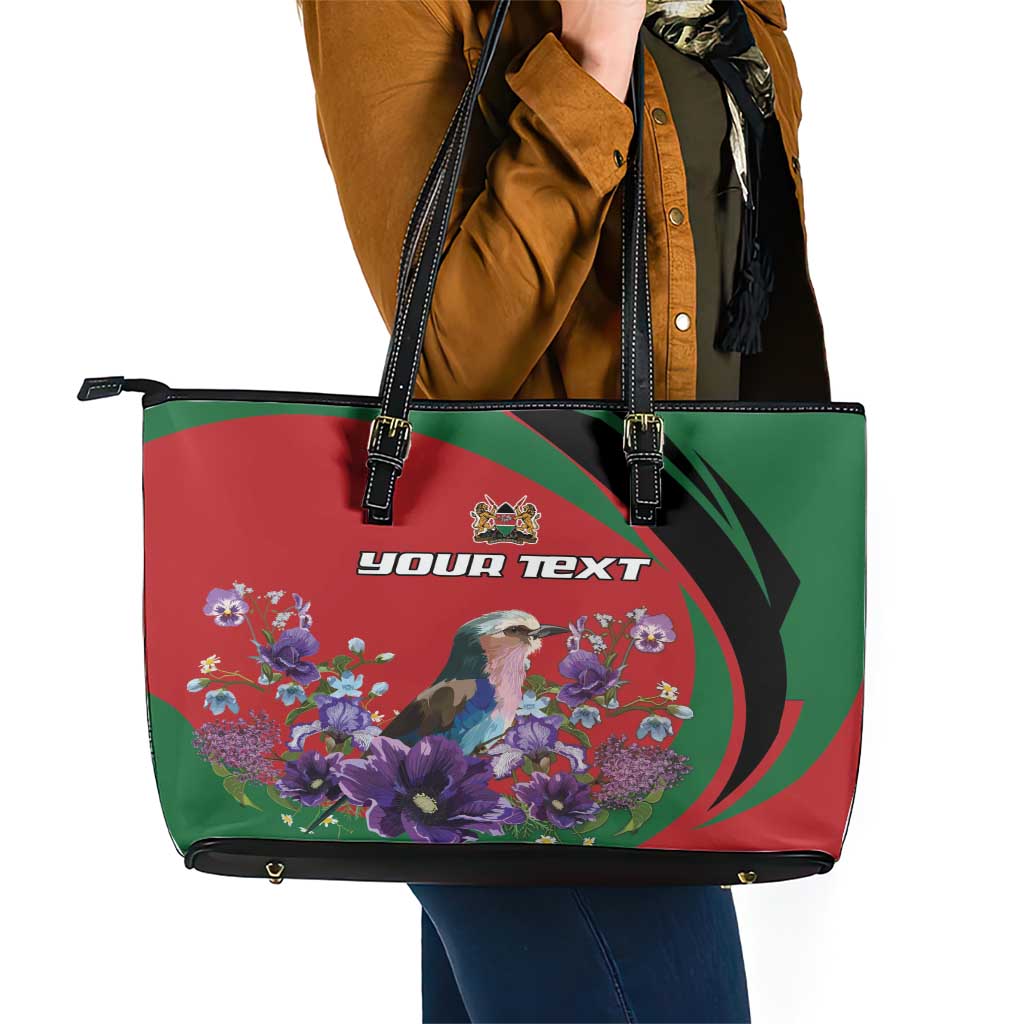 Personalized Kenya Lilac Breasted Roller Leather Tote Bag With Violet Flowers - Wonder Print Shop