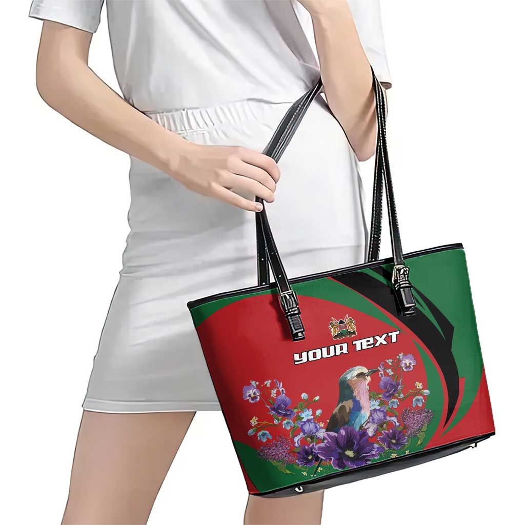 Personalized Kenya Lilac Breasted Roller Leather Tote Bag With Violet Flowers - Wonder Print Shop