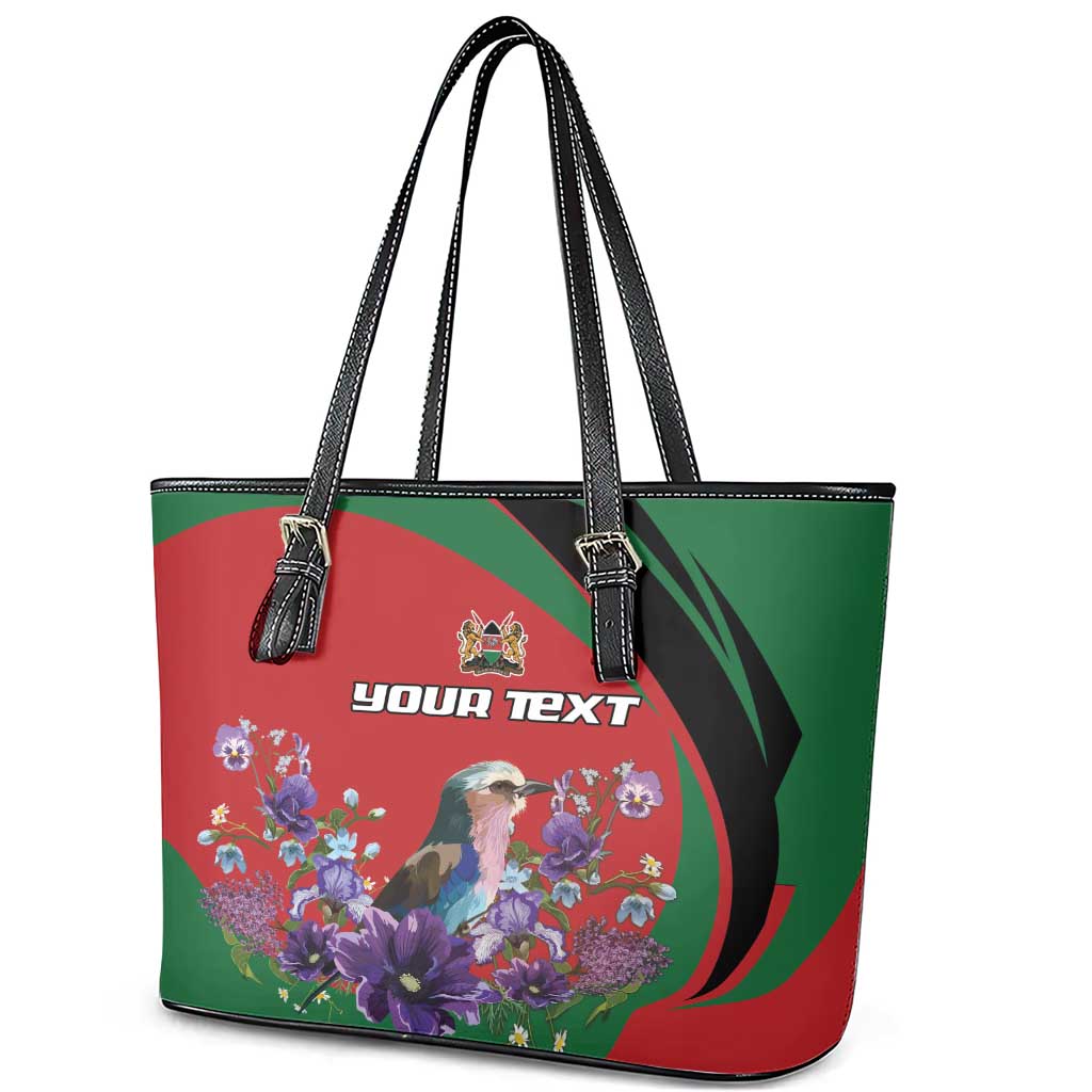 Personalized Kenya Lilac Breasted Roller Leather Tote Bag With Violet Flowers - Wonder Print Shop